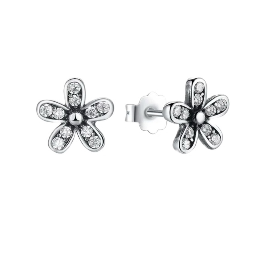 925 SS Petite Daisy Diamond Flower Post Earrings Sterling Silver